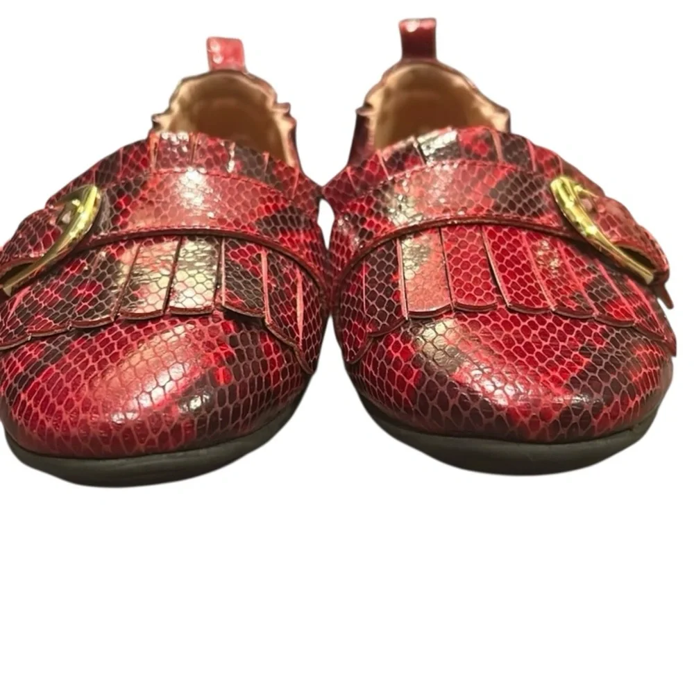 Fitflop Allegro Fringed Buckled Leather Loafer Snakeskin Embossed Red Size 6
